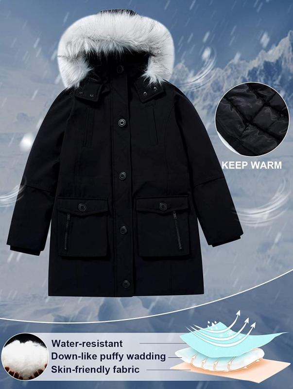 Girls Winter Coats Heavyweight Medium Length Warm Jacket With Removable
